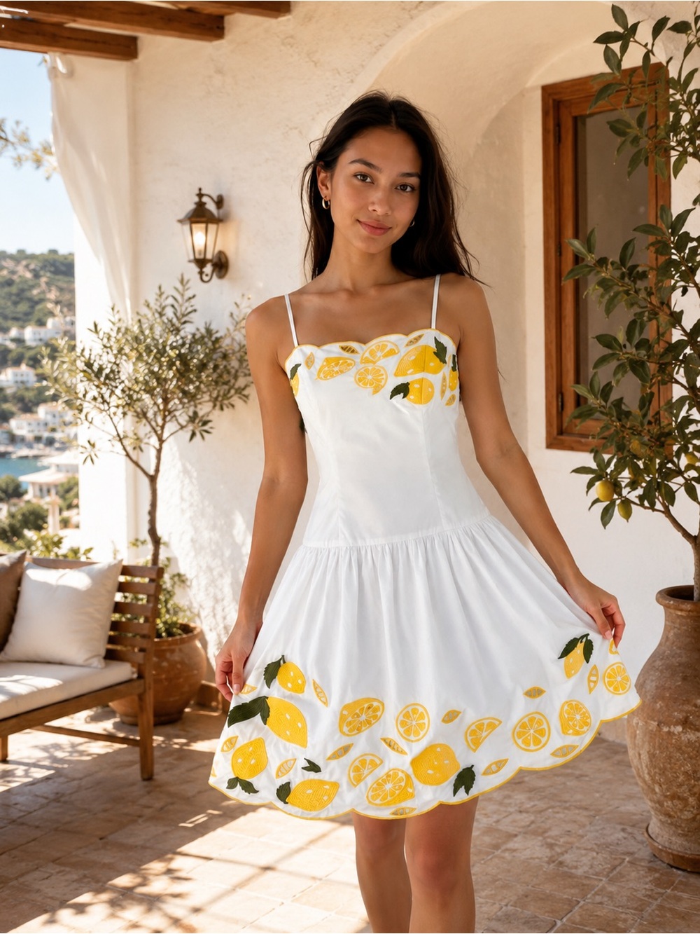 Corey Lynn Calter White Midi Dress with Yellow Lemon Embroidery